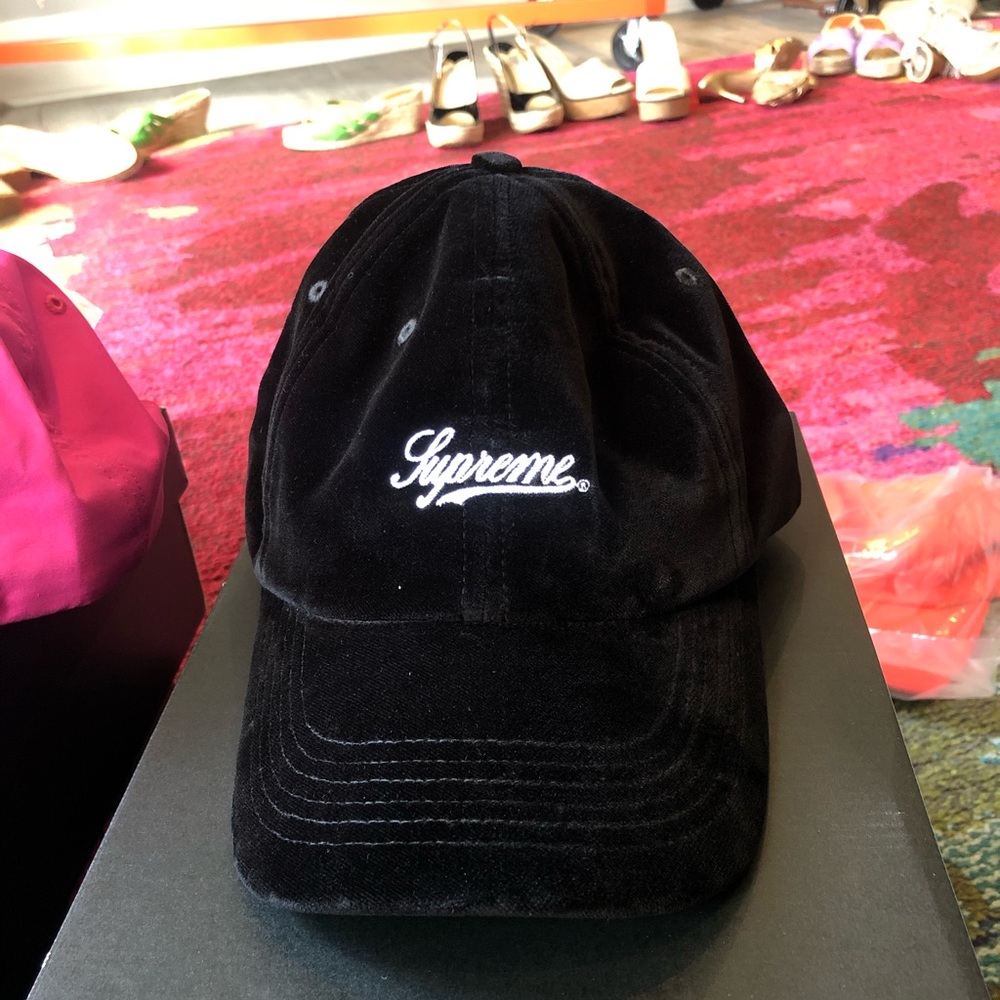 Supreme Black Velour Script Logo Cap